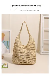 Detailed close-up of beige hollow knit tote bag with woven texture for summer beach