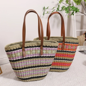 Colorful Striped Straw Tote Bag With PU Leather Strap Large Capacity Summer Beach Woven Shoulder Handbag For Women