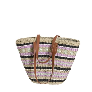 Striped straw tote bag with leather straps for women beach vacations and summer travel