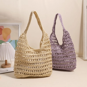 French style hollow crochet tote bags in beige and lavender for summer beach vacations