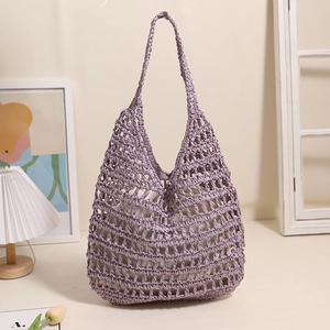 Lavender hollow knit tote bag with mesh weave and large capacity for beach vacation