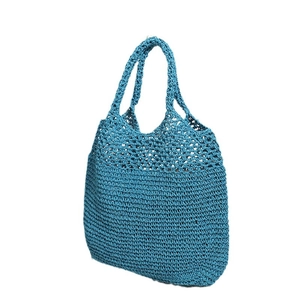 Blue hollow out straw tote bag with crochet weave design for beach vacation and summer