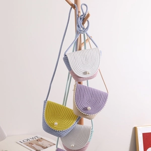 Handmade Woven Crossbody Bag Cotton Rope Contrast Color Flap Artificial Pearl Button Mini Summer Beach Shoulder Bag Women Girls