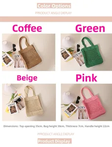 Detail showing handwoven hollow straw tote in four colors with specific size dimensions