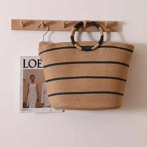 Striped Straw Woven Tote Bag Large Capacity Beach Vacation Handbag With Circular Handle Summer Casual For Women