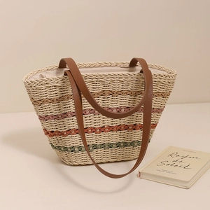 French style colorful striped straw tote bag with brown leather shoulder straps for beach