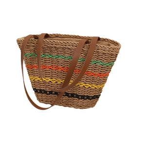 Large capacity striped straw tote bag with colorful stripes and brown leather shoulder straps