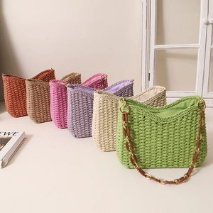 Woven Straw Shoulder Bag Women Paper Material Resin Chain Strap Zipper Casual Summer Beach Holiday Bohemian Style