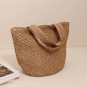 Borsa a spalla in paglia stile francese con motivo all'uncinetto color kaki capiente