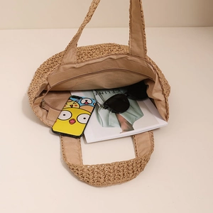 Grande borsa in paglia all'uncinetto con interno spazioso, tasca con zip e fodera