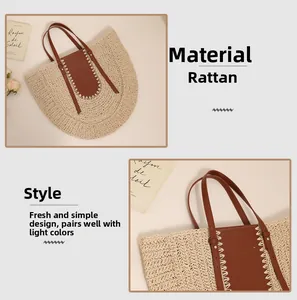 Detail of raffia woven tote bag showing brown leather handles and stitching