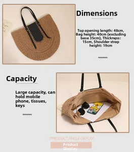 Detail view of large straw tote bag with dimensions and interior pocket capacity
