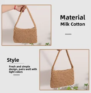 Detail of khaki milk cotton hand-woven bag showing thick crochet texture and mesh pattern