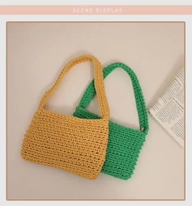 Detailed texture of hand-woven cotton shoulder bags in bright yellow and green shades