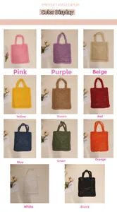 Detail view of colorful crochet straw shoulder bags in eight vibrant knit color options