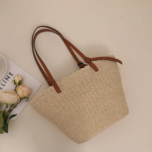 Grand sac cabas en paille tressée avec anses marron pour plage et usage quotidien