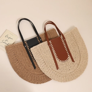 French style half-moon straw tote bag with leather patchwork for summer beach vacation