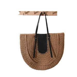 French style semicircular straw tote bag with black leather patchwork and top handles