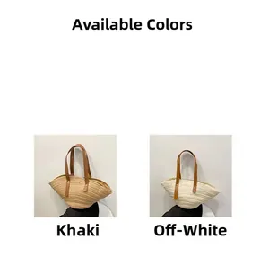 Straw tote bag available in khaki and off-white colors with brown leather handles