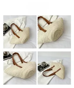 Detailed views of beige straw shell tote with brown leather handles and woven texture