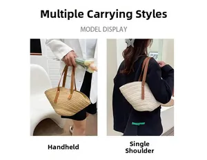 Dual-purpose design of the shell-shaped straw bag showing handheld and shoulder bag styles