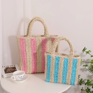 Striped Woven Straw Handbag Contrast Color Summer Beach Vacation Fashion Paper Rope Tote Women