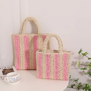 French style vertical stripe straw handbag set in pink and beige for beach vacation