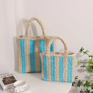 French style vertical stripe straw tote bags set in sky blue and beige for beach