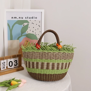 Stroh Handtasche Eimertasche Bunte Holzperlen Fransen Quaste Sommer Strand Urlaub Pastoraler Lässiger Stil Für Damen