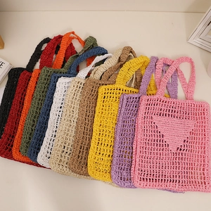 Women's Handmade Woven Straw Shoulder Bag Hollow Crochet Beach Tote Bag With Heart Triangle Pattern Summer Vacation Travel Bag