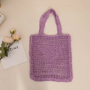 Handcrafted lilac crochet hollow-out straw tote bag for beach vacation and casual style