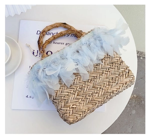 Detail of straw woven bag with light blue feather trim and a natural bamboo handle