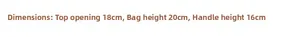 Detailed size specifications chart for the woven beach bag with height and width info