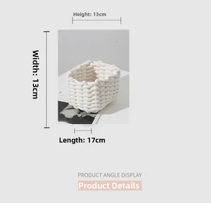 Detail showing dimensions of white cotton rope storage basket 17x13x13cm for desk organization