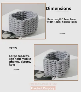 Detail view of grey cotton rope storage basket with 17x13x13cm size specifications