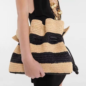 Women Handwoven Paper Straw Striped Bucket Bag With Drawstring Closure Summer Beach Vacation Shoulder Bag Fashion Casual Tote