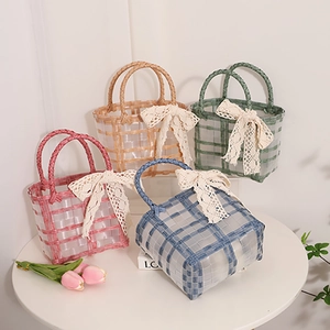 Women's Mini Woven Handbag With Lace Bow PVC Transparent Grid Square Tote Bag For Summer Vacation Beach Daily Use