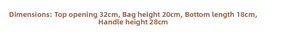 Detailed size chart for straw tote showing 32cm width, 20cm height and 28cm handle drop