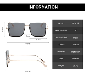 Detailed size chart and specifications for vintage oversized metal half-frame sunglasses