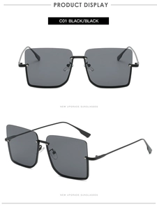 Front and 45-degree side view of vintage half-frame sunglasses with deep gray lenses