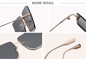 Detailed close-up of gold metal hinges, silicone nose pads and square polarized lenses