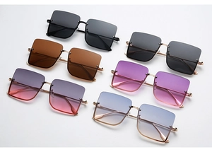 Detailed grid showing multi-color square gradient lenses and metal bridge of sunglasses