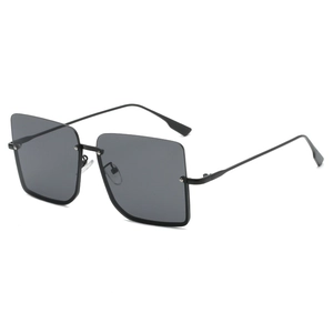 Vintage oversized black square semi-rimless sunglasses with thin metal temples