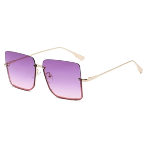 Retro semi-rimless square sunglasses with gold metal frame and purple gradient lenses