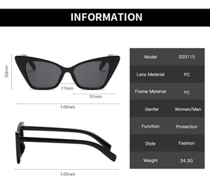 Detailed size chart and dimensions of the stylish black cat-eye sunglasses model S20115