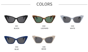 Detailed grid of cat-eye sunglasses in five colors including black, leopard, and white