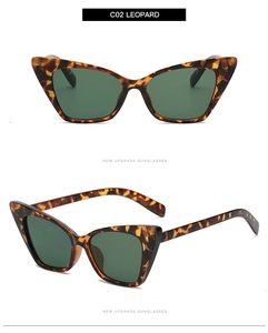 Detailed views of leopard print cat-eye sunglasses with dark green lenses and retro frame