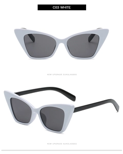 Detail view of white cat-eye sunglasses model C03 with black temples and dark grey lenses
