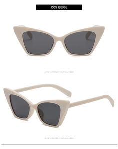 Detail view of beige cat-eye sunglasses with dark lenses and durable hinge structure