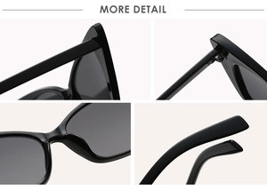 Detailed close-up of black cat-eye sunglasses showing metal hinges and comfortable nose pads